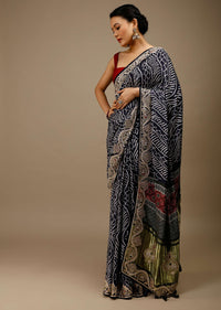 Deep Cobalt Saree In Satin Blend With Abstract Print And Gotta Patti Embroidered Border Design