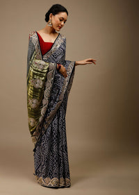 Deep Cobalt Saree In Satin Blend With Abstract Print And Gotta Patti Embroidered Border Design