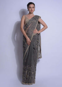 Deep Creek Grey Saree Embellished With Sequins And Cut Dana In Floral Pattern Online - Kalki Fashion