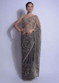 Deep Creek Grey Saree Embellished With Sequins And Cut Dana In Floral Pattern Online - Kalki Fashion