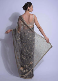 Deep Creek Grey Saree Embellished With Sequins And Cut Dana In Floral Pattern Online - Kalki Fashion