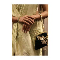 Deep Green Clutch In Velvet With Embroidered Floral Pattern And Pearl Handle Online - Kalki Fashion