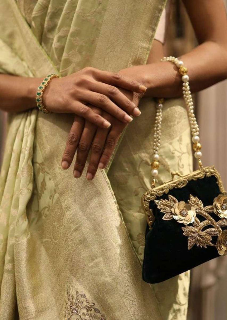 Deep Green Clutch In Velvet With Embroidered Floral Pattern And Pearl Handle Online - Kalki Fashion