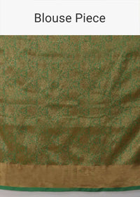 Deep Green Pure Handloom Saree In Tussar Silk With Stripes And Woven Floral Border Online - Kalki Fashion