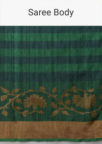 Deep Green Pure Handloom Saree In Tussar Silk With Stripes And Woven Floral Border Online - Kalki Fashion