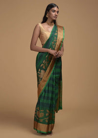 Deep Green Pure Handloom Saree In Tussar Silk With Stripes And Woven Floral Border Online - Kalki Fashion