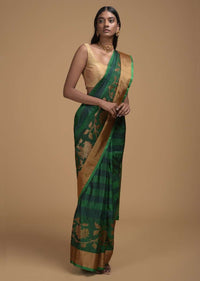 Deep Green Pure Handloom Saree In Tussar Silk With Stripes And Woven Floral Border Online - Kalki Fashion