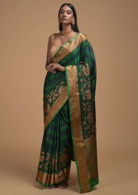 Deep Green Pure Handloom Saree In Tussar Silk With Stripes And Woven Floral Border Online - Kalki Fashion