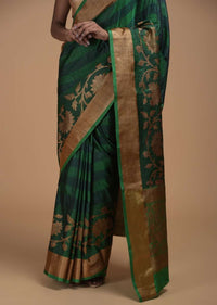 Deep Green Pure Handloom Saree In Tussar Silk With Stripes And Woven Floral Border Online - Kalki Fashion