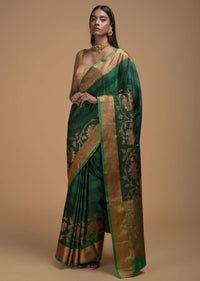 Deep Green Pure Handloom Saree In Tussar Silk With Stripes And Woven Floral Border Online - Kalki Fashion