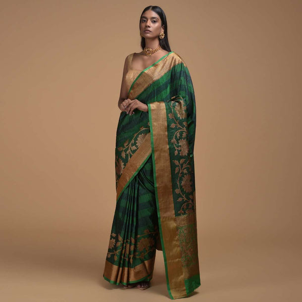 Deep Green Pure Handloom Saree In Tussar Silk With Stripes And Woven Floral Border Online - Kalki Fashion