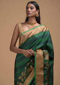 Deep Green Pure Handloom Saree In Tussar Silk With Stripes And Woven Floral Border Online - Kalki Fashion