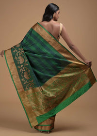 Deep Green Pure Handloom Saree In Tussar Silk With Stripes And Woven Floral Border Online - Kalki Fashion