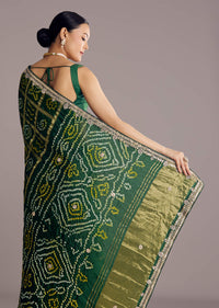 Deep Green Satin Bandhani Saree With Gota Work