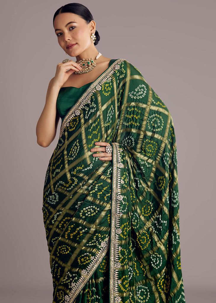 Deep Green Satin Bandhani Saree With Gota Work