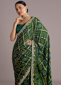 Deep Green Satin Bandhani Saree With Gota Work
