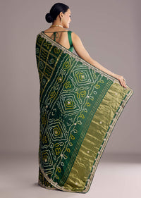 Deep Green Satin Bandhani Saree With Gota Work