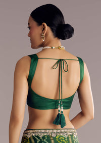 Deep Green Satin Bandhani Saree With Gota Work