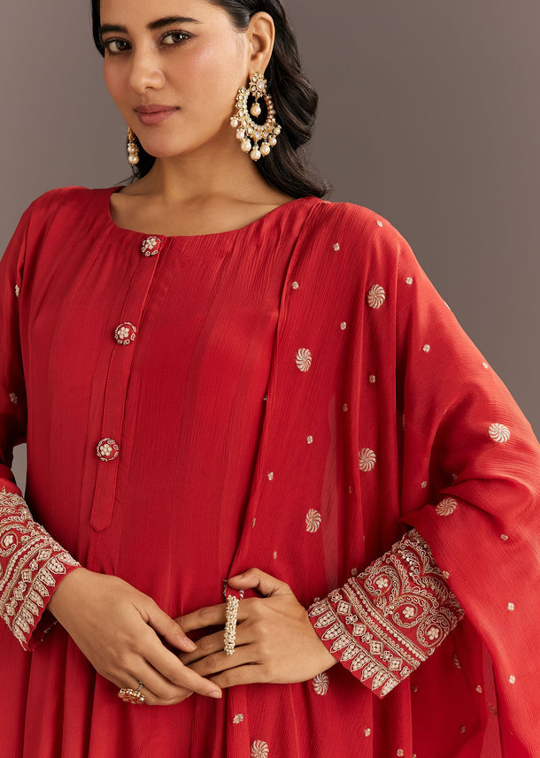 Deep Orange Chinon Kurta With Zardosi Sleeves And Butti Dupatta