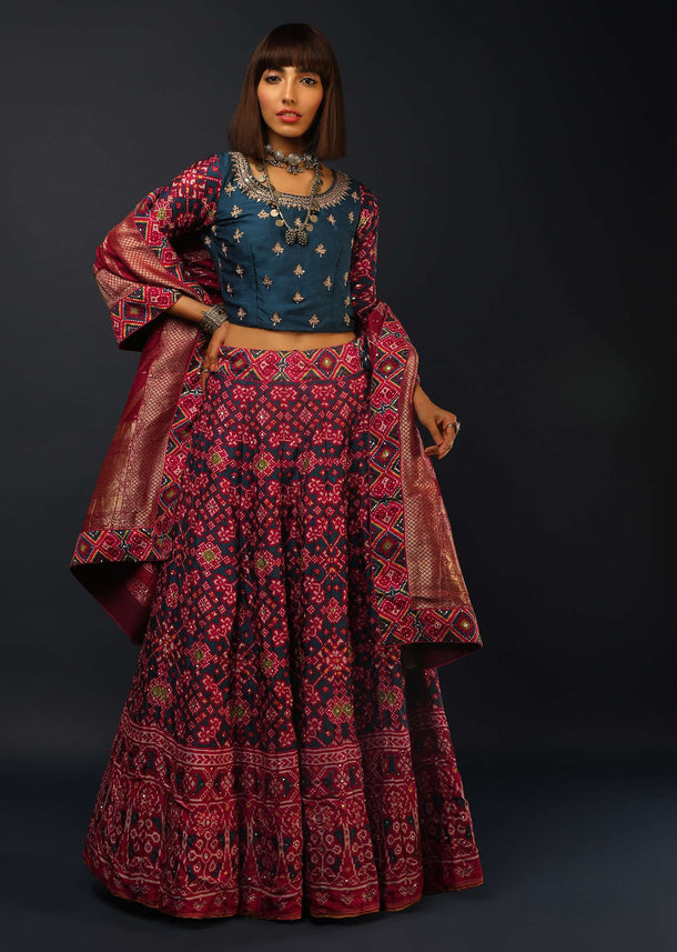 Deep Blue Lehenga In Silk With Maroon Patola Print And Ready Stitched Blouse