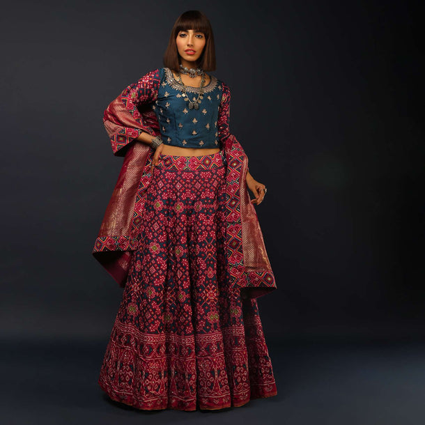 Deep Blue Lehenga In Silk With Maroon Patola Print And Ready Stitched Blouse