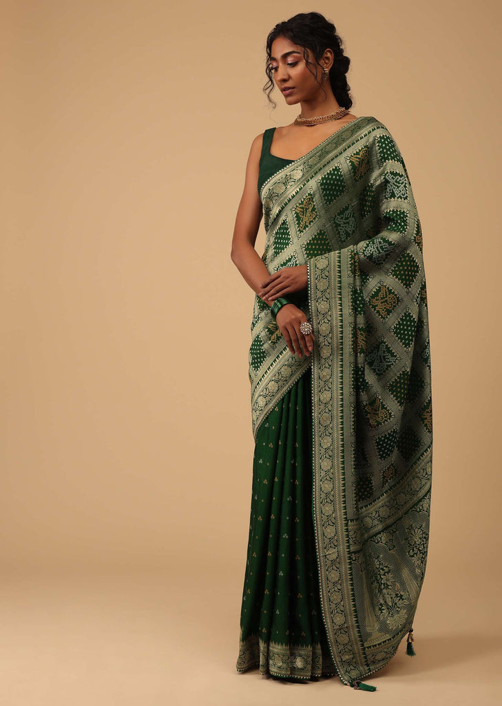 Deep Green Dola Silk Banarasi Saree With Bandhani Waeve