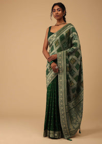 Deep Green Dola Silk Banarasi Saree With Bandhani Waeve