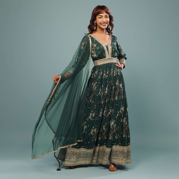 Deep Green Embroidered Anarkali Suit With Floral Print In Georgette
