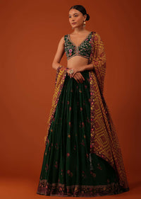 Deep Green Embroidered Lehenga And Blouse Set In Satin