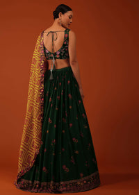 Deep Green Embroidered Lehenga And Blouse Set In Satin