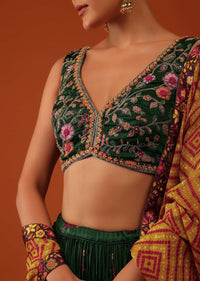 Deep Green Embroidered Lehenga And Blouse Set In Satin