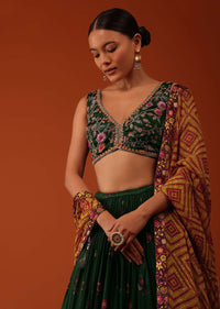 Deep Green Embroidered Lehenga And Blouse Set In Satin