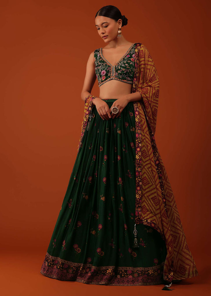 Deep Green Embroidered Lehenga And Blouse Set In Satin