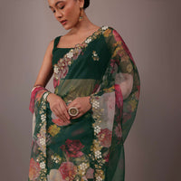 Deep Green Floral Printed Saree In Organza With Cut Dana Butti All Over