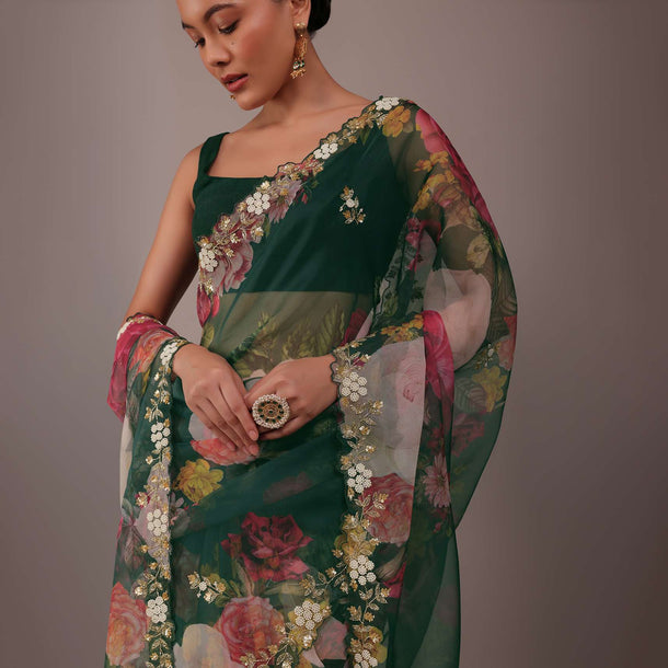 Deep Green Floral Printed Saree In Organza With Cut Dana Butti All Over