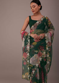 Deep Green Floral Printed Saree In Organza With Cut Dana Butti All Over