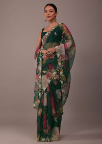 Deep Green Floral Printed Saree In Organza With Cut Dana Butti All Over