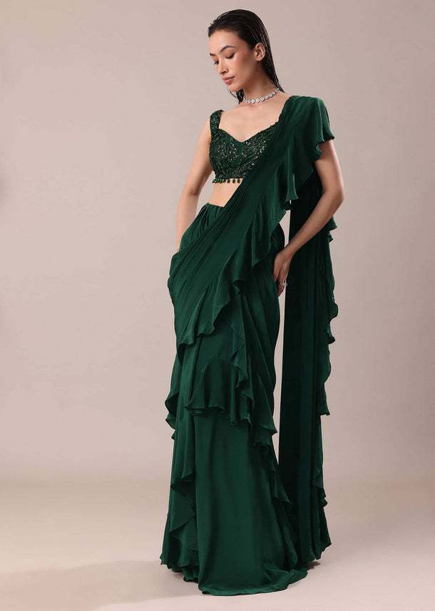 Deep Green Frill Saree With Blouse