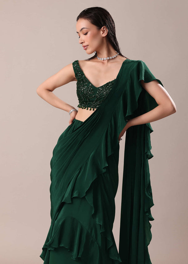 Deep Green Frill Saree With Blouse