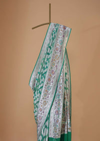 Jade Green Georgette Saree With Banarasi Zari With Meenawork Border And An Unstitched Blouse