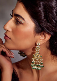 Deep Green Kundan Chandbali Earrings With Freshwater Pearls