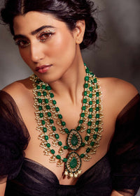 Deep Green Kundan Layered Necklace With Hand Carved Motifs