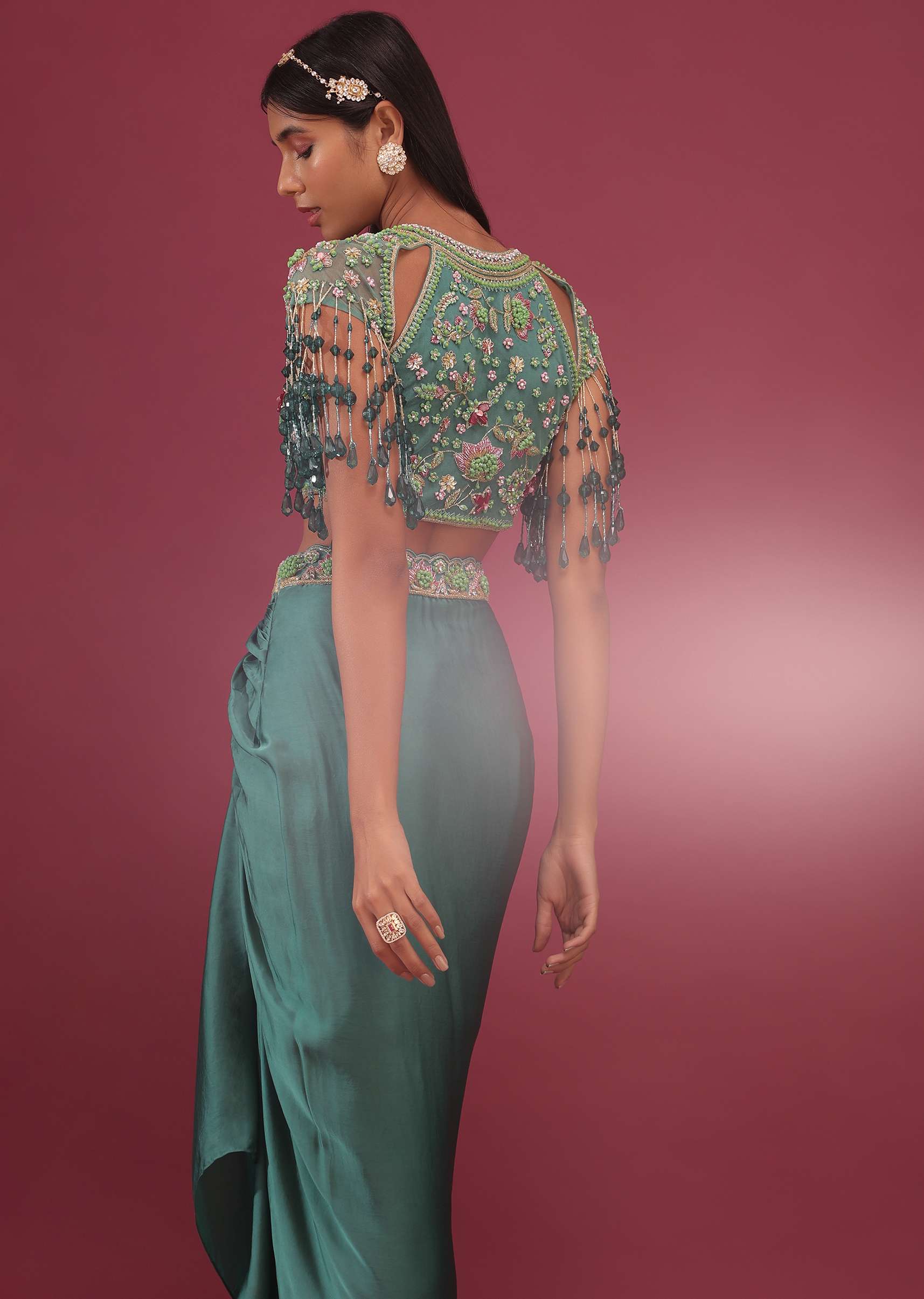 Sea Green Dhoti Crop Top Set In Satin Organza With Embroidery - NOOR 2022