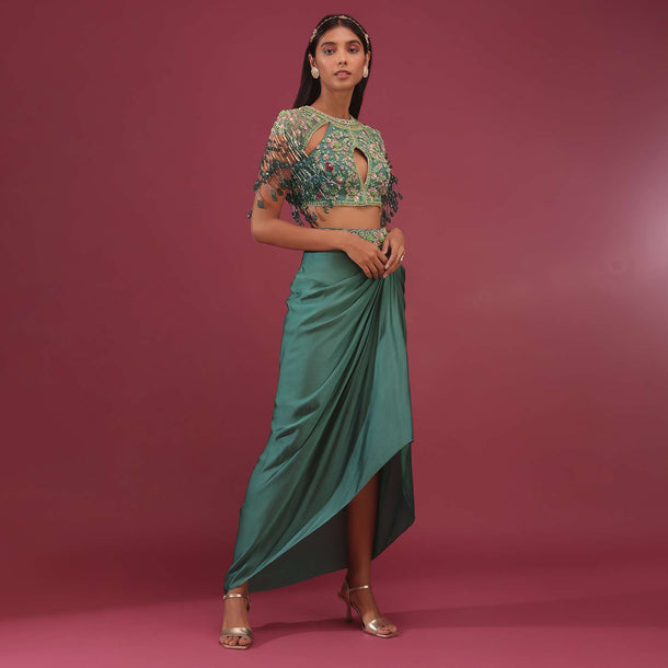 Sea Green Dhoti Crop Top Set In Satin Organza With Embroidery - NOOR 2022