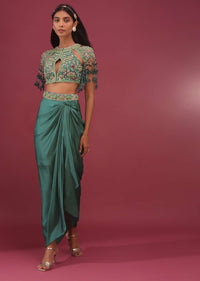 Sea Green Dhoti Crop Top Set In Satin Organza With Embroidery - NOOR 2022