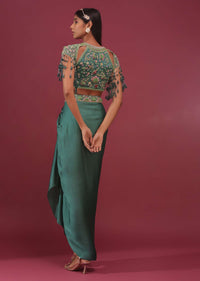 Sea Green Dhoti Crop Top Set In Satin Organza With Embroidery - NOOR 2022