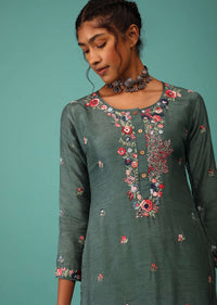 Peacock Green Kurta Set In Dola Silk With Kashmiri Thread Embroidery & 3D Floral Work