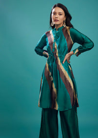 Deep Green Cotton Silk Tie-Dye Top With Palazzo