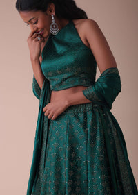 Deep Green Swarovski Embellished Lehenga In Wrinkle Satin