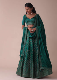 Deep Green Wrinkle Satin Lehenga Embellished In Swarovski